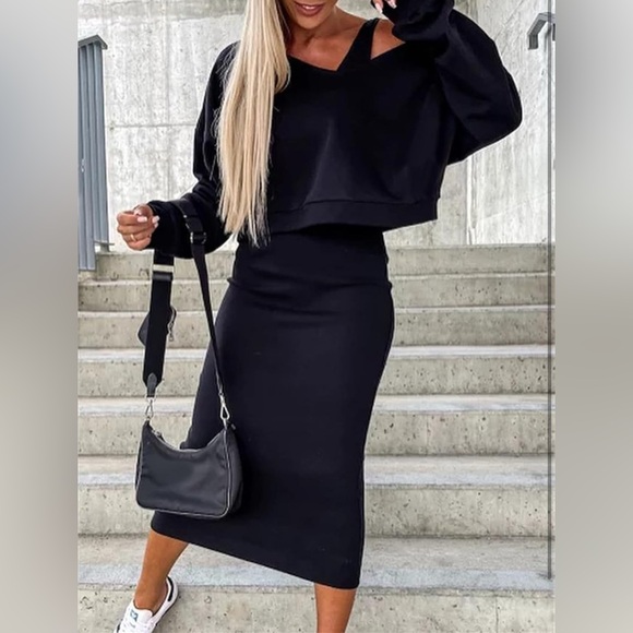 2 Piece Dress Bodycon Sleeveless Sweatshirt Dress Set and Long Sleeve Crop - Picture 1 of 3